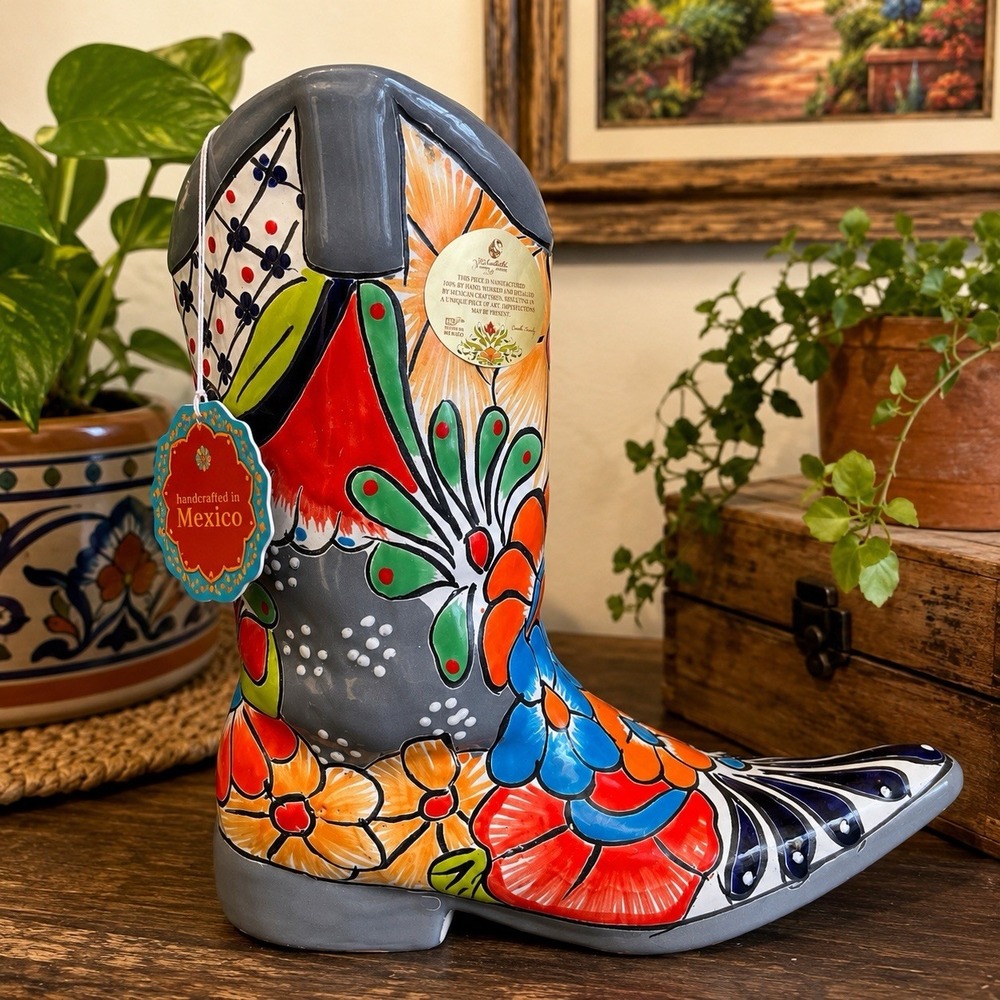 Talavera Mexican Cowboy Boot Planter Vase 12" Earthenware Vaz Castillo Tags NOS